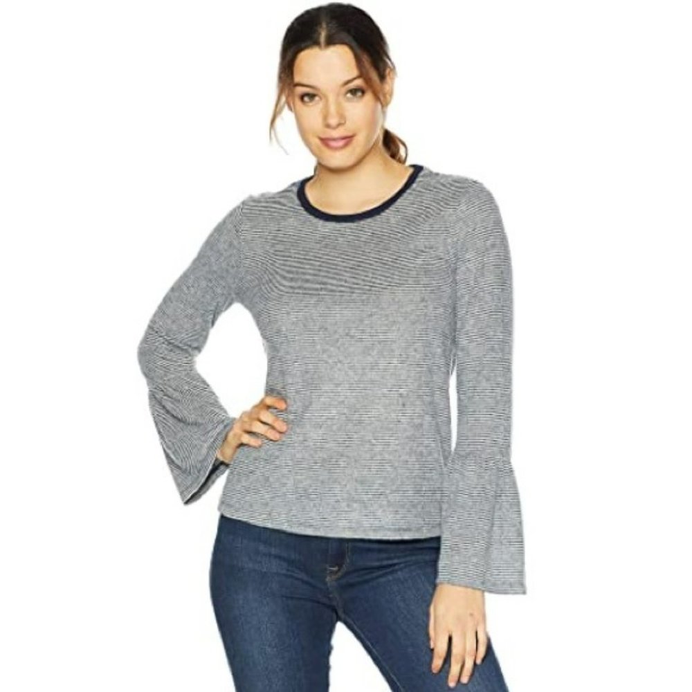 NWT Lucky Brand Soft and Slouchy Navy Striped Bell Sleeve Tunic Sweater Top - Picture 5 of 8